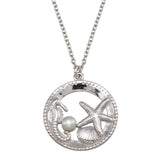Sterling Silver Rhodium Plated Seahorse, Starfish, Clam, and Pearl Pendant Necklace