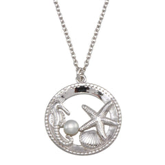 Sterling Silver Rhodium Plated Seahorse, Starfish, Clam, and Pearl Pendant Necklace