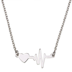Sterling Silver Rhodium Plated Heart and Heartbeat Pendant Necklace