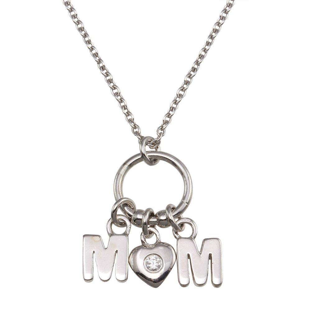 Sterling Silver Rhodium Plated Mom Heart CZ Pendant Necklace - silverdepot