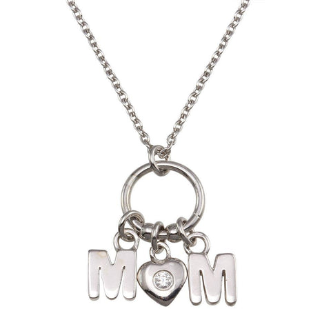 Sterling Silver Rhodium Plated Mom Heart CZ Pendant Necklace