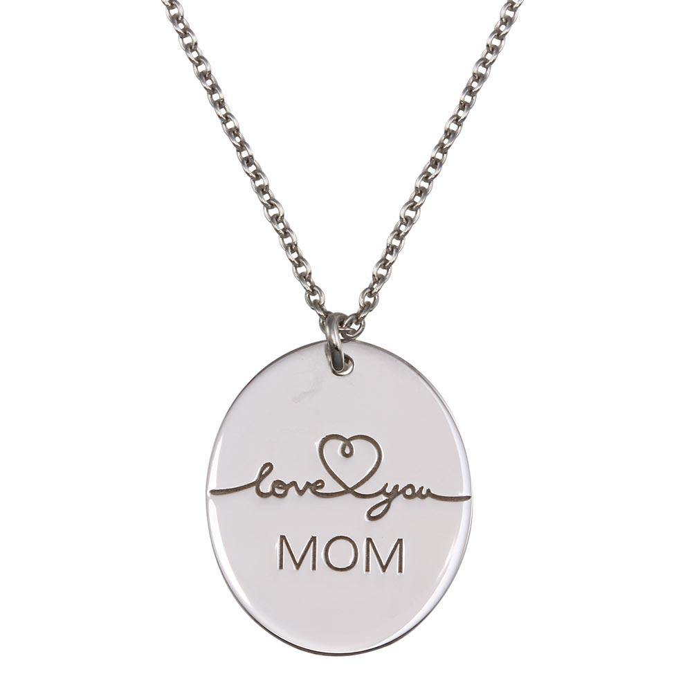 Sterling Silver Love You Mom Oval Disc Pendant Necklace - silverdepot