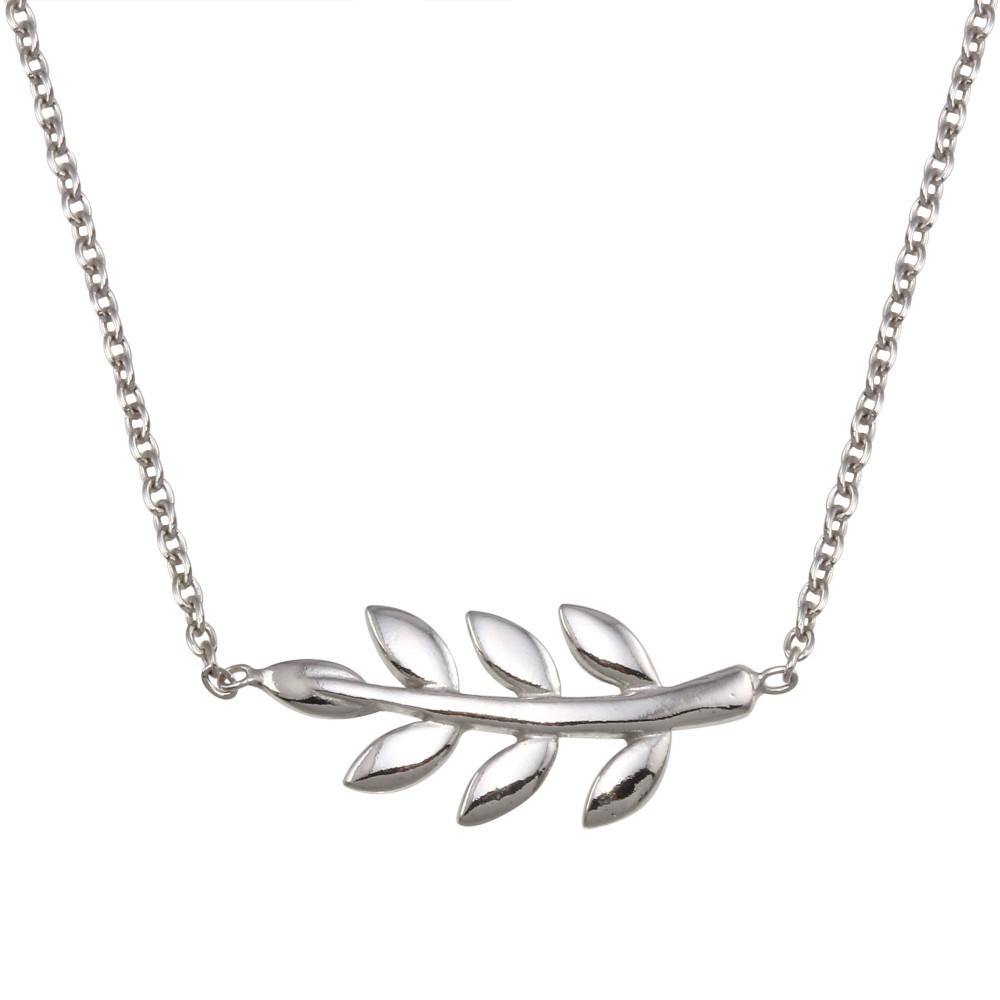 Sterling Silver Rhodium Plated Olive Branch Necklace - silverdepot