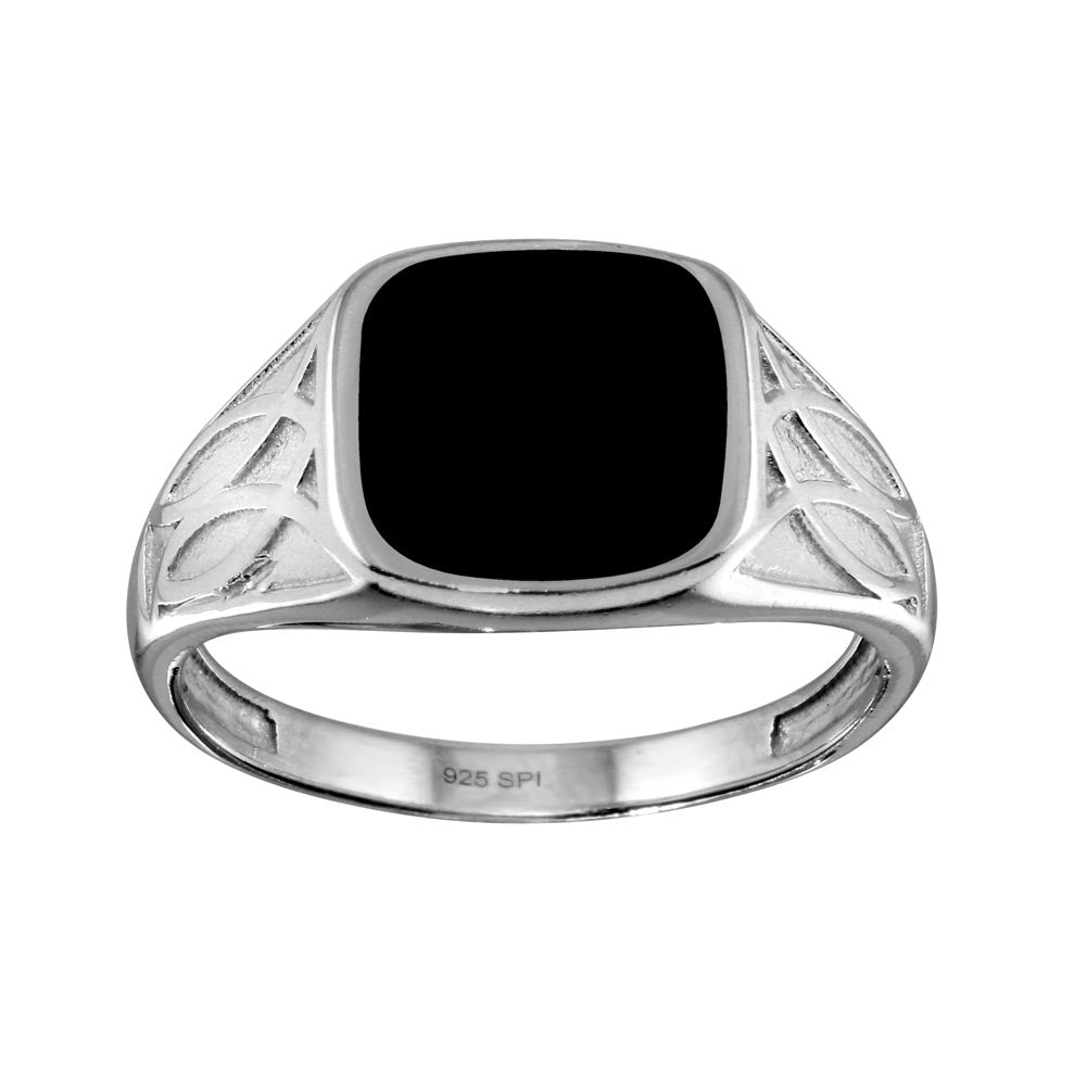 Sterling Silver Rhodium Plated Black Enamel Celtic Design Shank Ring