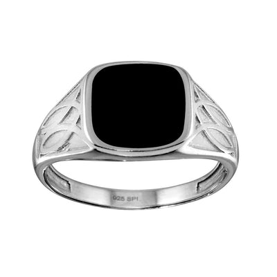 Sterling Silver Rhodium Plated Black Enamel Celtic Design Shank Ring