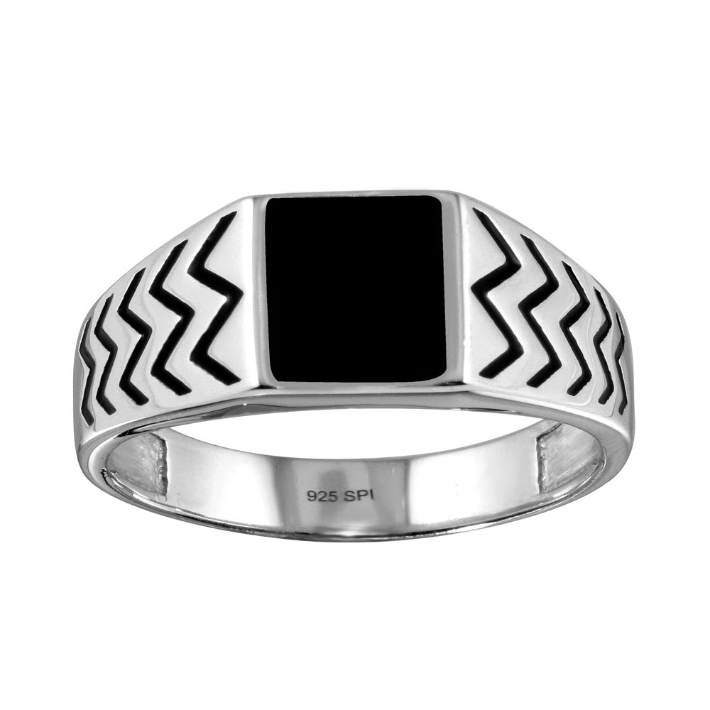 Sterling Silver Rhodium Plated Black Enamel Zig Zag Design Shank Ring