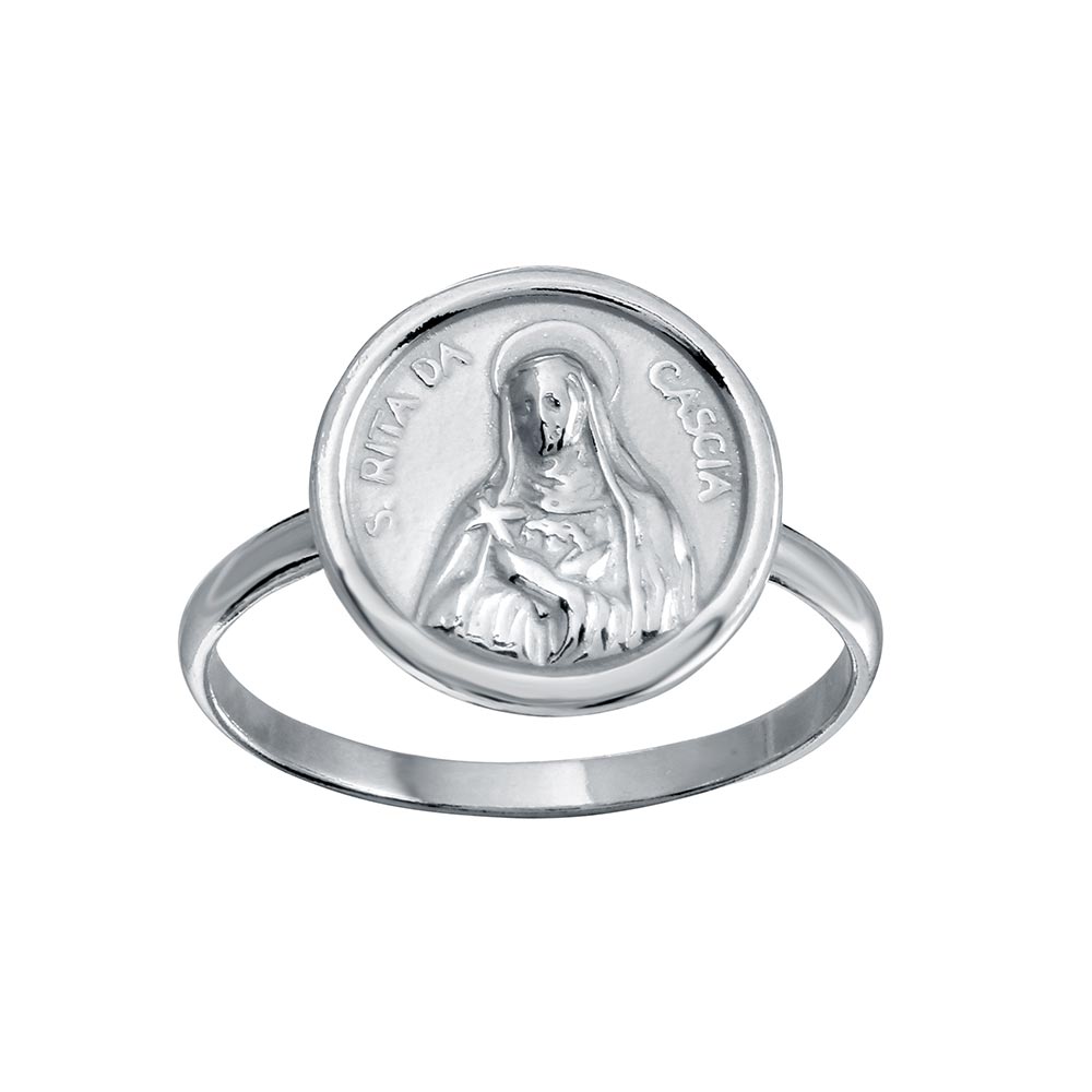 Sterling Silver High Polished Disc Mother Mary Design Ring