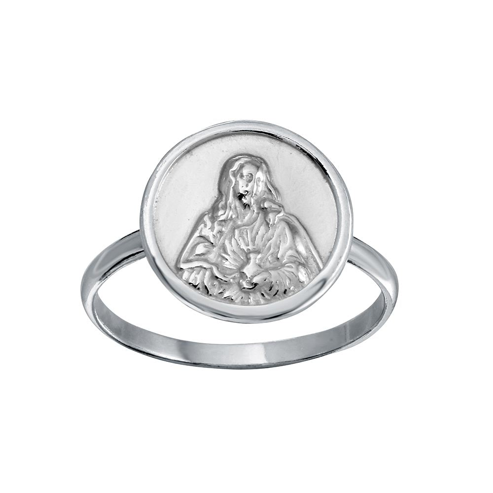 Sterling Silver High Polished Disc Mother Mary Design Ring