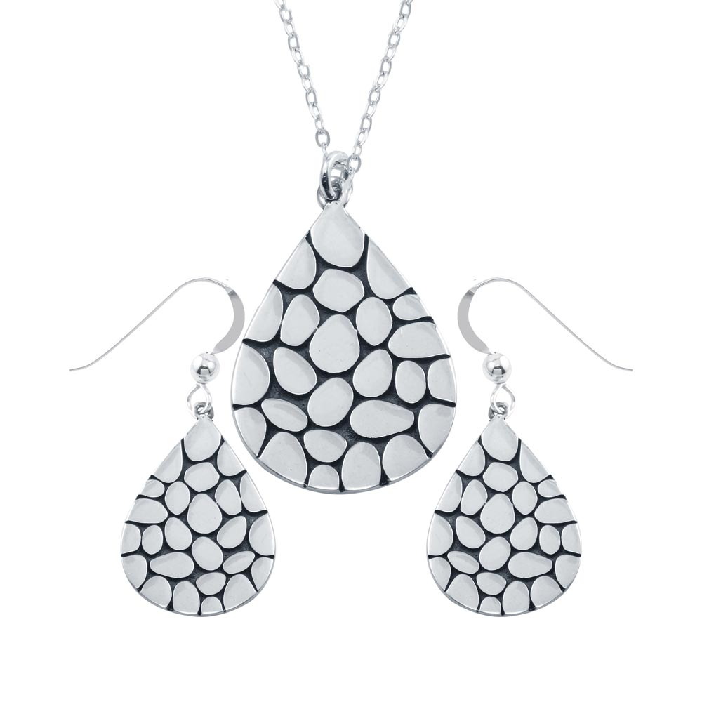 Sterling Silver Rhodium Plated Mosaic Design Teardrop Set