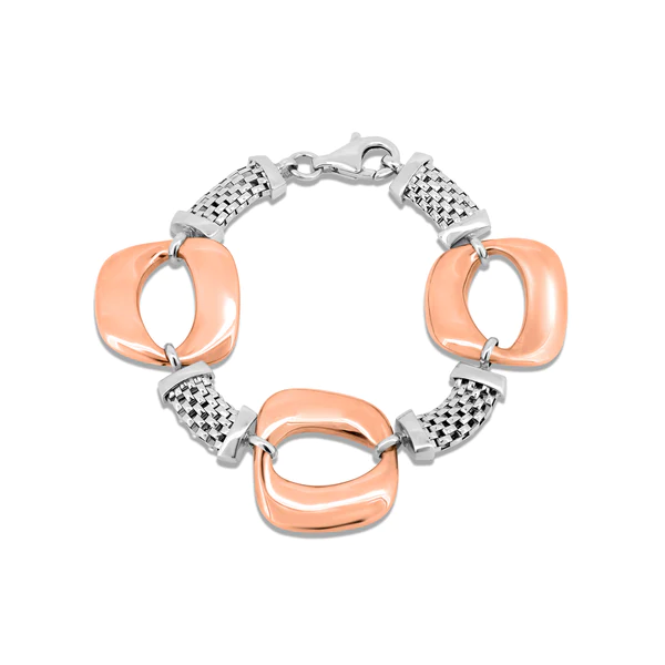 Sterling Silver Two Toned 24.4mm Rose Gold and Rhodium Plated Fancy Link Bracelet-7.5 inches