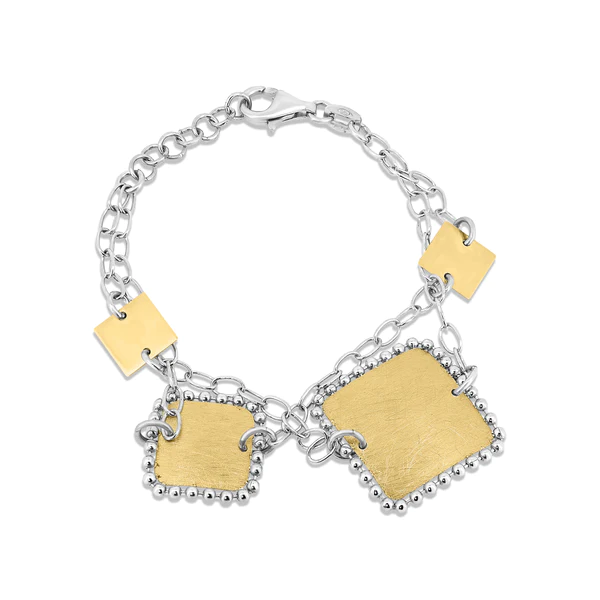 Sterling Silver Two Toned Gold and Rhodium Plated Fancy Matte Finish Square Link Bracelet