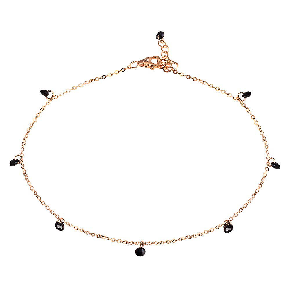 Sterling Silver Rose Gold Plated Dangling Black CZ Anklet