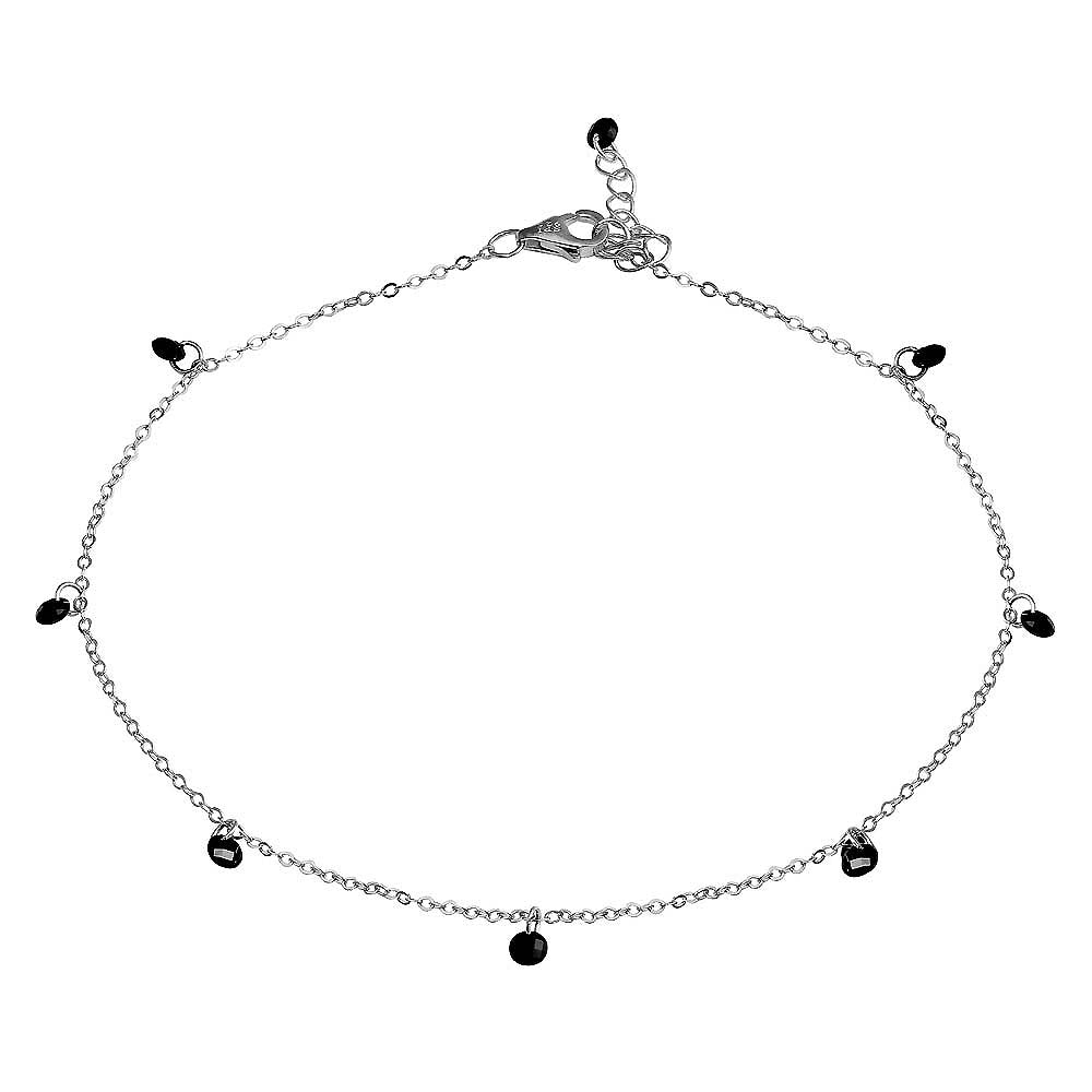 Sterling Silver Rhodium Plated Dangling Black CZ Anklet