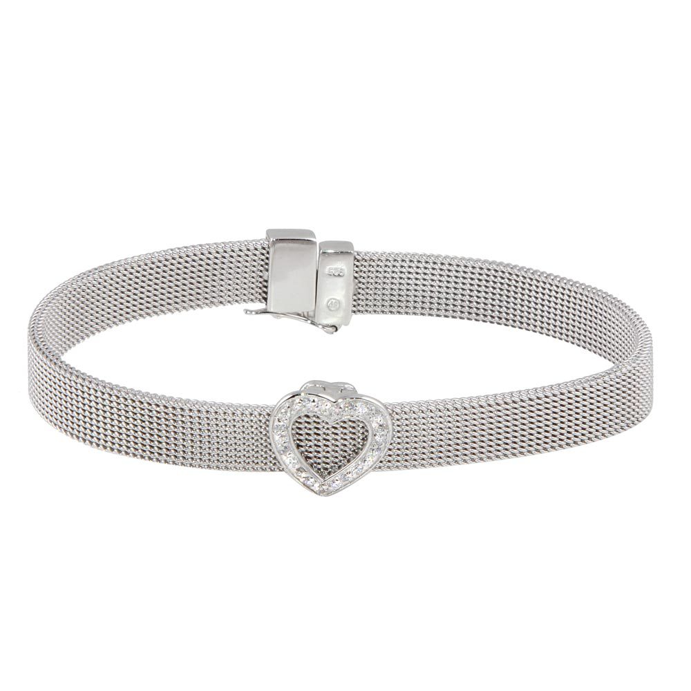 Sterling Silver Rhodium Plated Heart Clear CZ Mesh Bracelet