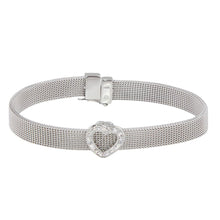 Load image into Gallery viewer, Sterling Silver Rhodium Plated Heart Clear CZ Mesh Bracelet