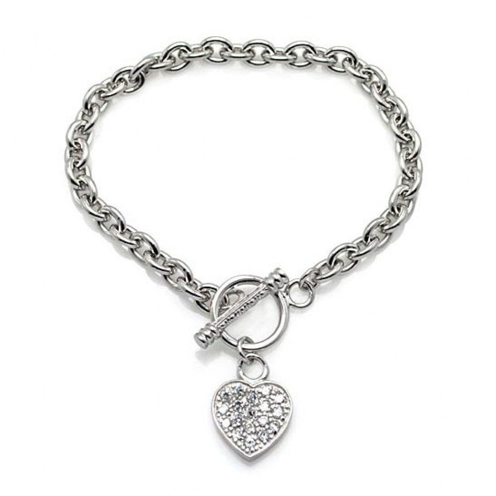 Sterling Silver Rhodium Plated Clear CZ Heart Bracelet