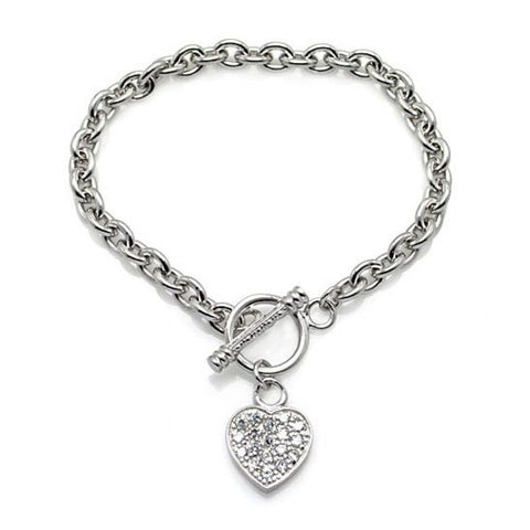 Sterling Silver Rhodium Plated Clear CZ Heart Bracelet