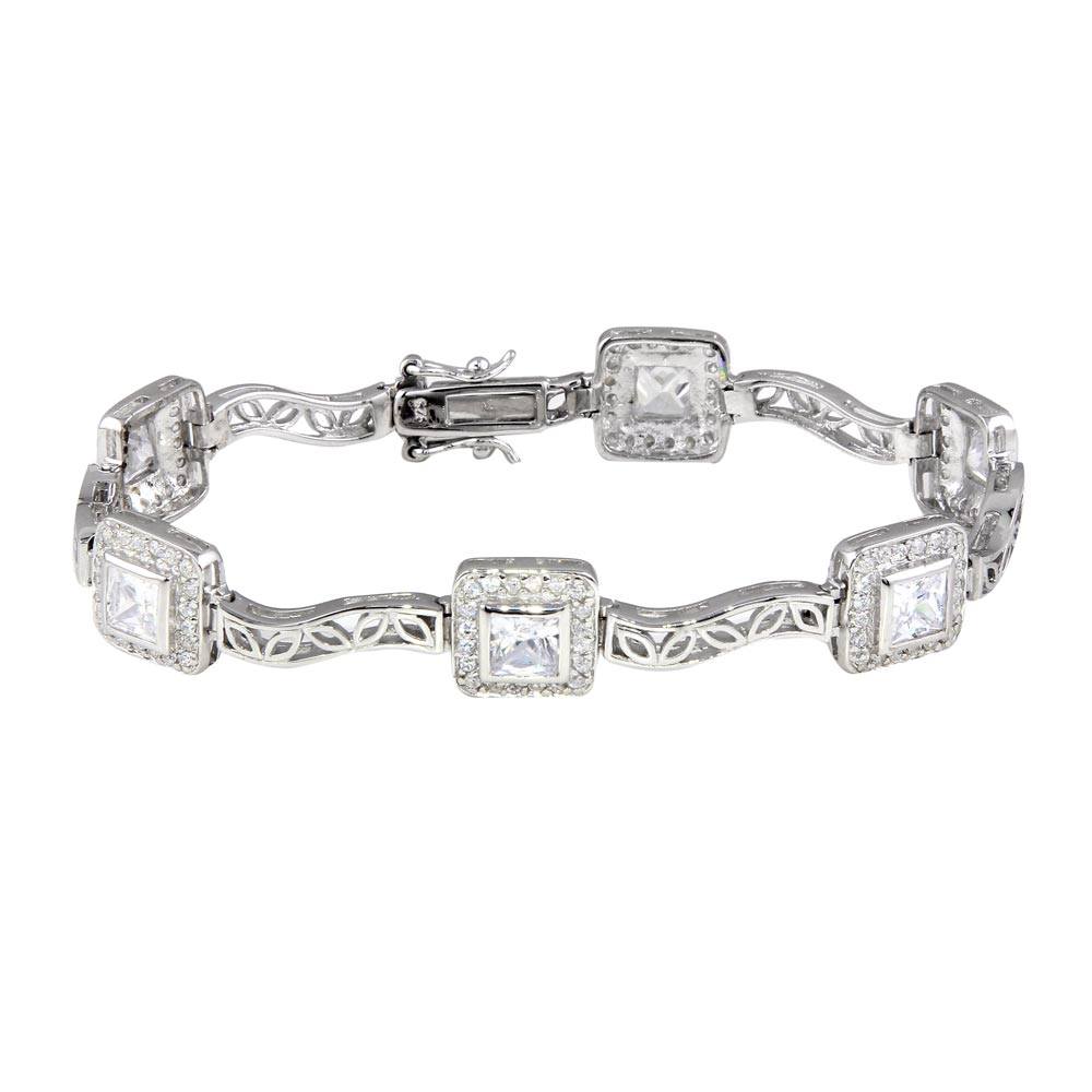 Sterling Silver Rhodium Plated Clear Round and Square CZ Bracelet