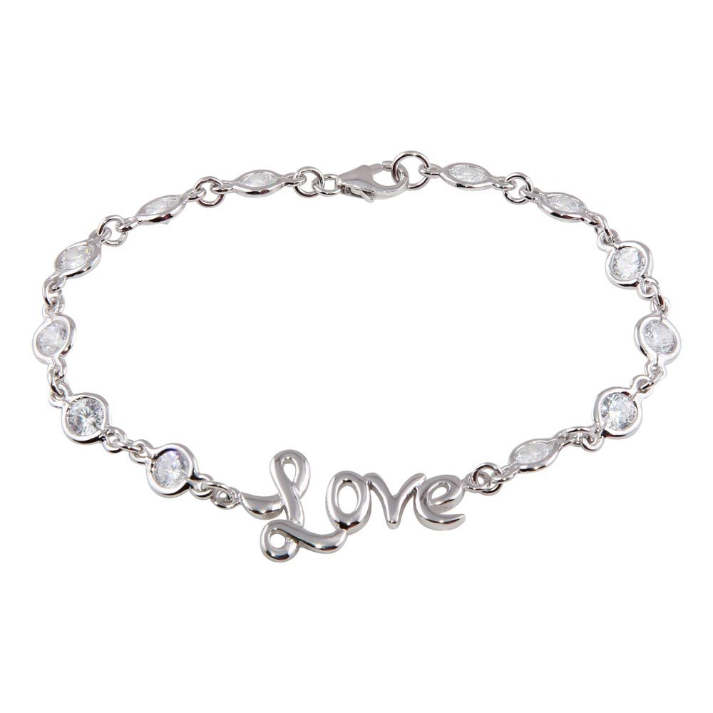 Sterling Silver Rhodium Plated Clear CZ Love Bracelet