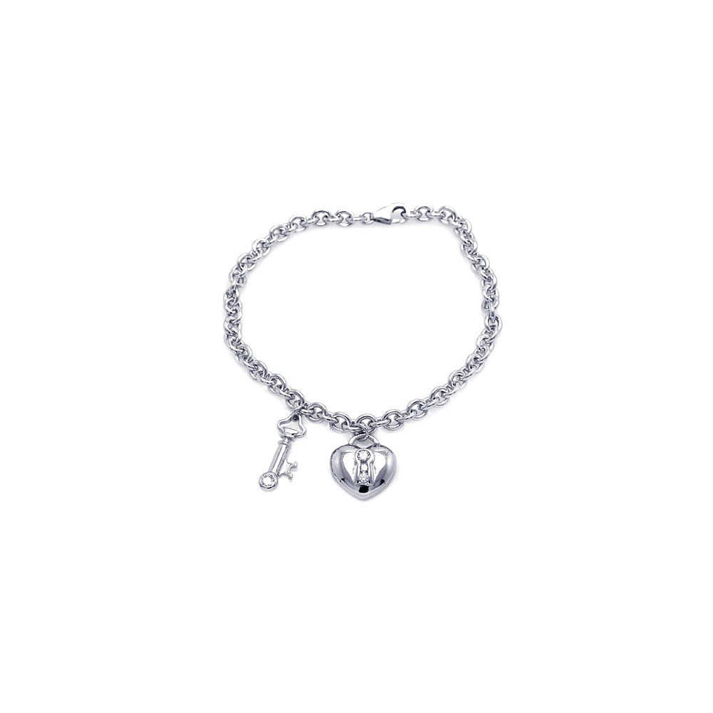 Sterling Silver Rhodium Plated Clear CZ Lock and Key Bracelet
