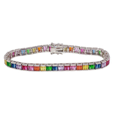 Sterling Silver Rhodium Plated Multi-Colored Square CZ Tennis Bracelet