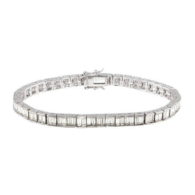 Sterling Silver Rhodium Plated Clear Baguette CZ Tennis Bracelet