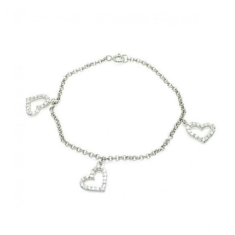 Sterling Silver Rhodium Plated Open Multi Heart Clear CZ Bracelet