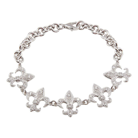 Sterling Silver Rhodium Plated Fleur De Lis Clear CZ Bracelet