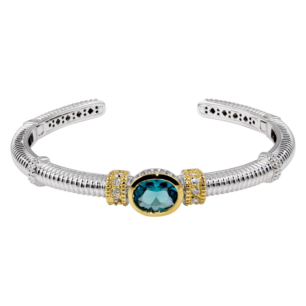 Sterling Silver Rhodium Plated Open Cuff Bangle With Turquoise CZ
