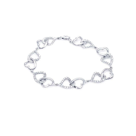 Sterling Silver Rhodium Plated Open Multi Heart Clear CZ Bracelet