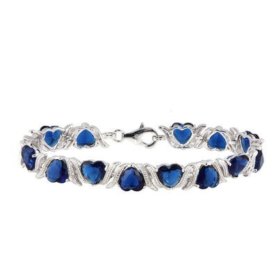 Sterling Silver Rhodium Plated Blue CZ Heart Bracelet