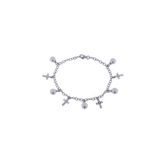 Sterling Silver Rhodium Plated Pearl Cross Clear CZ Charm Bracelet