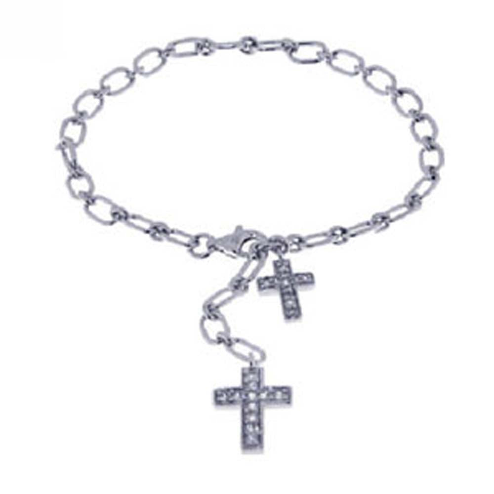 Sterling Silver Bracelet with Two Cross Charm Paved with Clear Simulated Diamonds