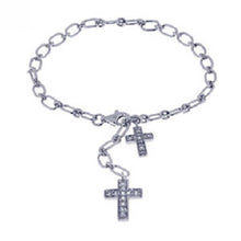 Load image into Gallery viewer, Sterling Silver Bracelet with Two Cross Charm Paved with Clear Simulated Diamonds
