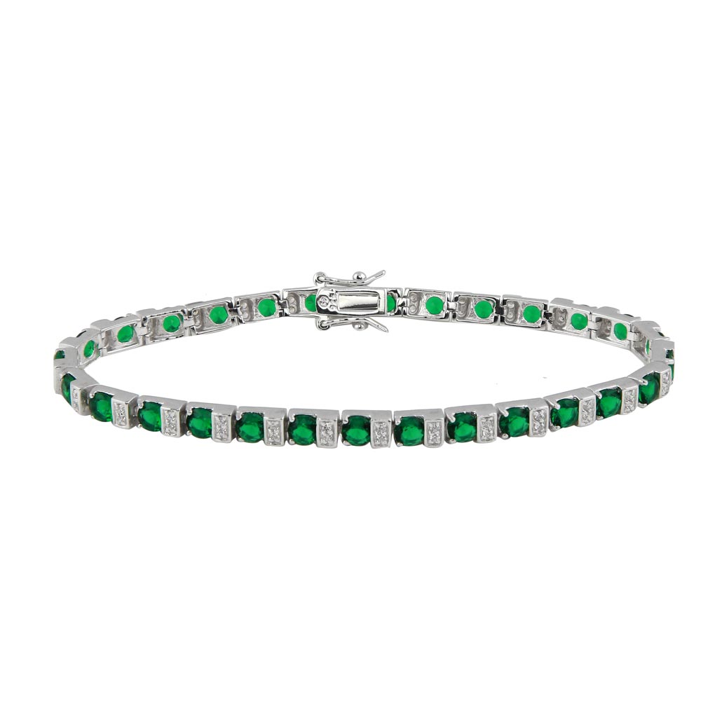 Sterling Silver Rhodium Plated Green And Clear CZ Tennis Bracelet