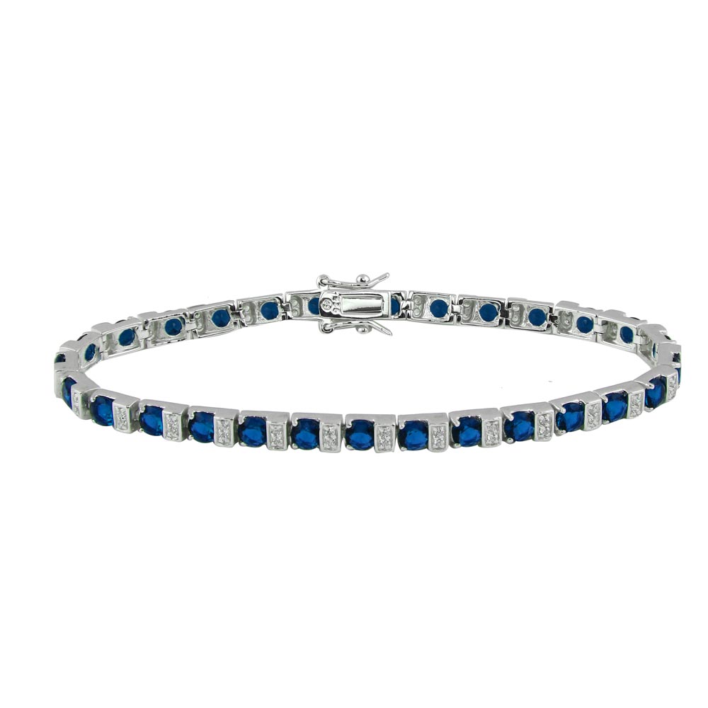 Sterling Silver Rhodium Plated Clear And Blue CZTennis Bracelet