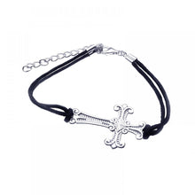 Load image into Gallery viewer, Black Cord Bracelet with Sterling Silver Sideways Cross Charm