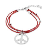 Sterling Silver Rhodium Plated Peace Red Multi Strand Leather Adjustable Bracelet