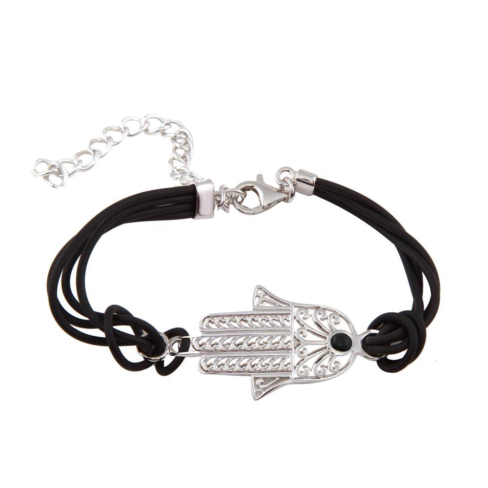 Black Multi Cord Bracelet with Sterling Silver Sideways Hamsa Hand Charm