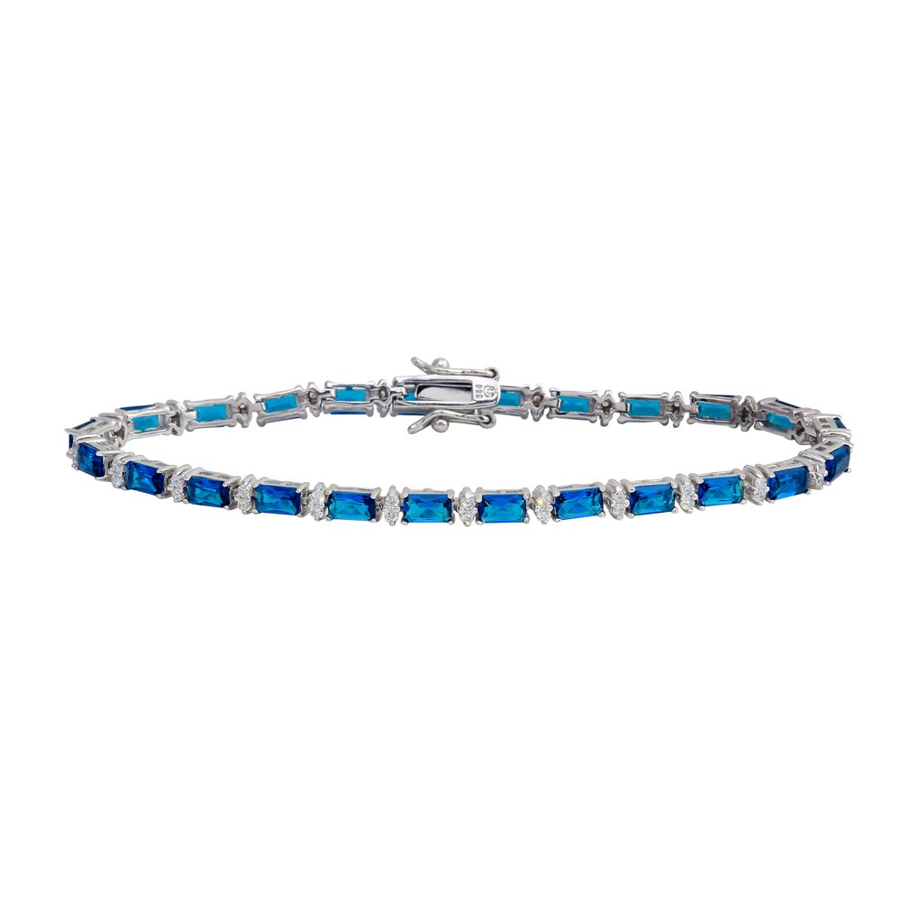 Sterling Silver Gold Plated Clear And Blue Baguette CZ Tennis Bracelet