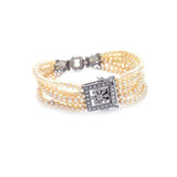 Sterling Silver Rhodium Plated Multi Pearl Strand Clear CZ Square and Flower Bracelet