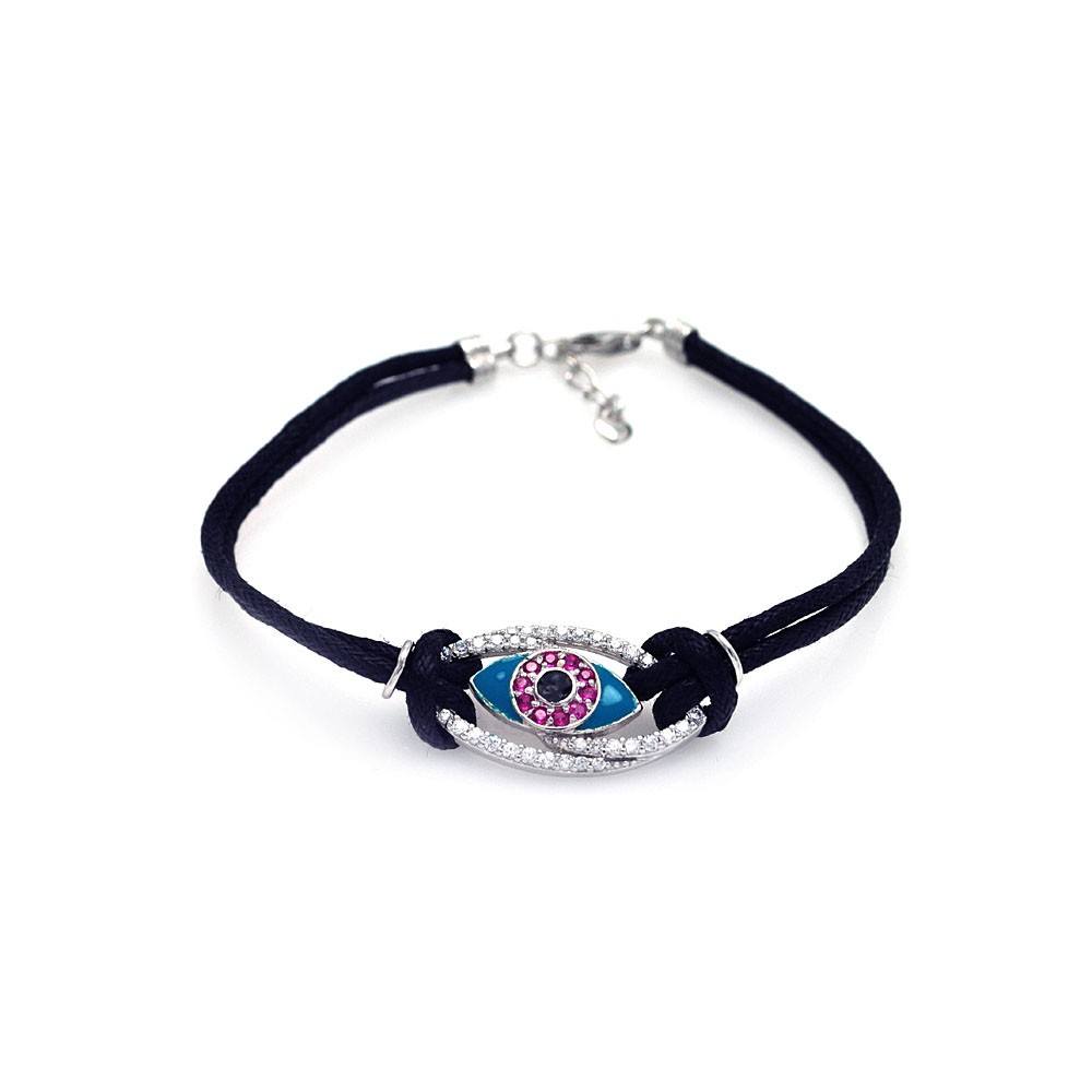 Black Cord Bracelet with Fancy Sterling Silver Evil Eye Charm Paved with Clear & Pink CZ