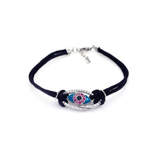 Load image into Gallery viewer, Black Cord Bracelet with Fancy Sterling Silver Evil Eye Charm Paved with Clear &amp; Pink Simulated Diamonds