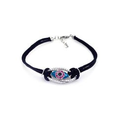 Black Cord Bracelet with Fancy Sterling Silver Evil Eye Charm Paved with Clear & Pink CZ