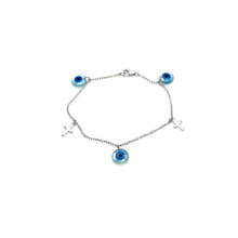 Load image into Gallery viewer, Sterling Silver Bracelet with Two Crosses and Three Evil Eye Charms