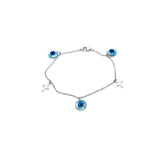 Sterling Silver Bracelet with Two Crosses and Three Evil Eye Charms