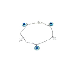Sterling Silver Bracelet with Two Crosses and Three Evil Eye Charms