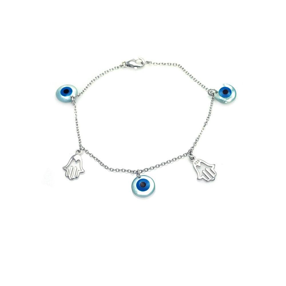 Sterling Silver Bracelet with Two Hamsa Hand and Three Evil Eye Charms