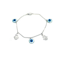 Load image into Gallery viewer, Sterling Silver Bracelet with Two Hamsa Hand and Three Evil Eye Charms