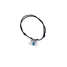 Load image into Gallery viewer, Black Cord Bracelet with Multi Sterling Silver  Charms (Hasma HandAnd Star of David and Evil Eye)